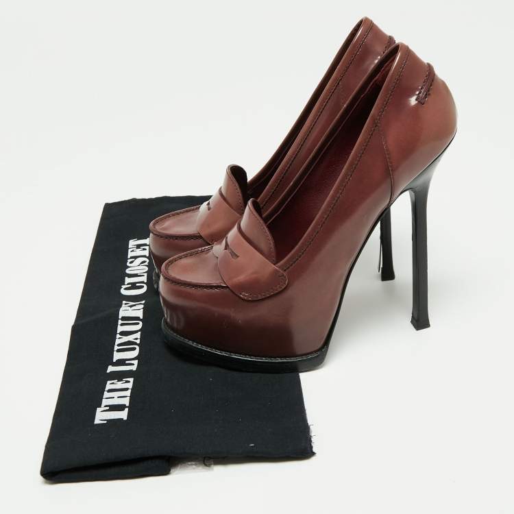 Pre Owned Saint Laurent Burgundy Leather Tribtoo Penny Loafer Platform Pumps Size 36.5
