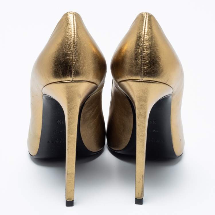 Pre Owned Saint Laurent Metallic Gold Leather Peep Toe Pumps Size 38.5 