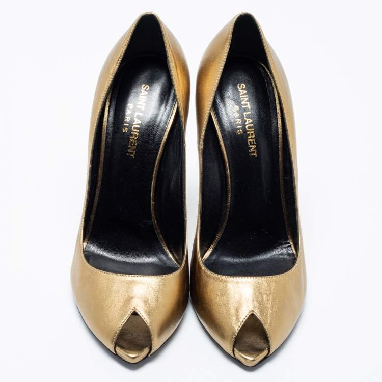 Pre Owned Saint Laurent Metallic Gold Leather Peep Toe Pumps Size 38.5 