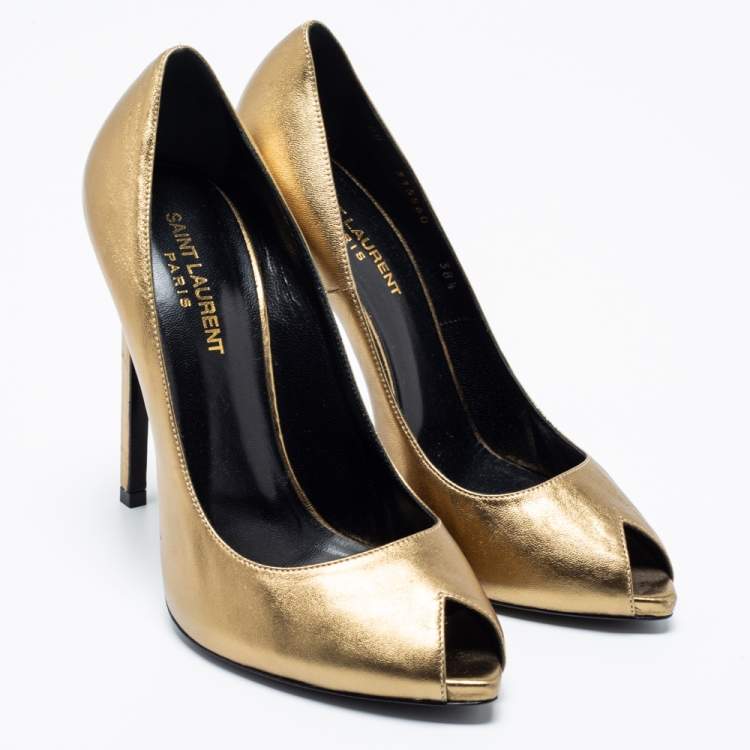 Pre Owned Saint Laurent Metallic Gold Leather Peep Toe Pumps Size 38.5 