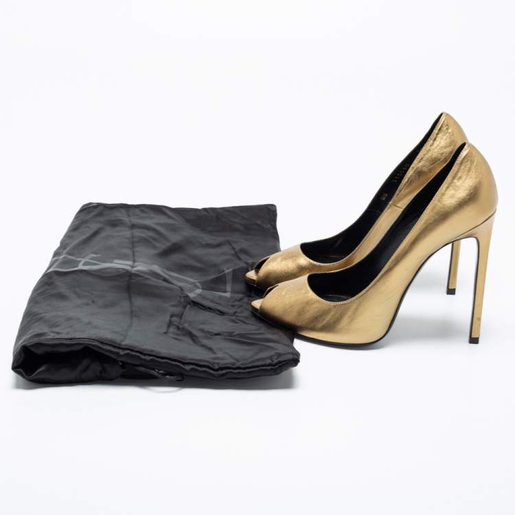 Pre Owned Saint Laurent Metallic Gold Leather Peep Toe Pumps Size 38.5 