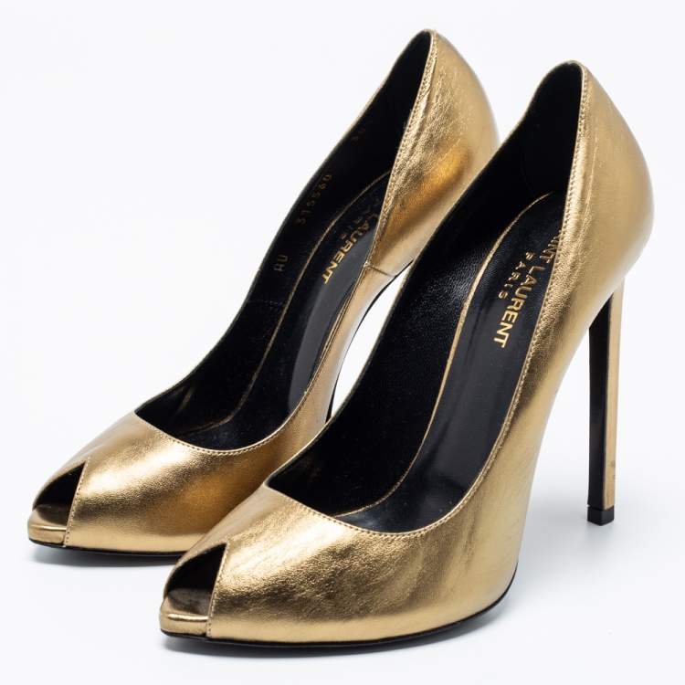 Pre Owned Saint Laurent Metallic Gold Leather Peep Toe Pumps Size 38.5 
