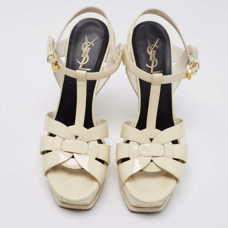 Pre Owned Saint Laurent Paris Off White Patent Leather Tribute Sandals Size 39