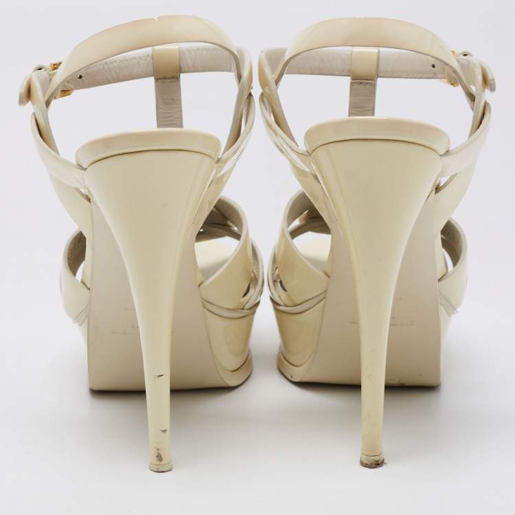 Pre Owned Saint Laurent Paris Off White Patent Leather Tribute Sandals Size 39
