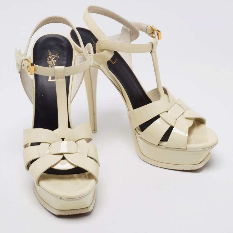 Pre Owned Saint Laurent Paris Off White Patent Leather Tribute Sandals Size 39