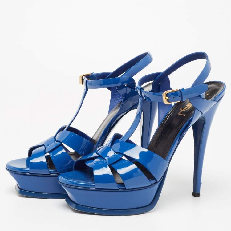 Pre Owned Saint Laurent Blue Patent Leather Tribute Sandals Size 39
