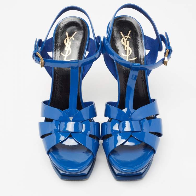 Pre Owned Saint Laurent Blue Patent Leather Tribute Sandals Size 39