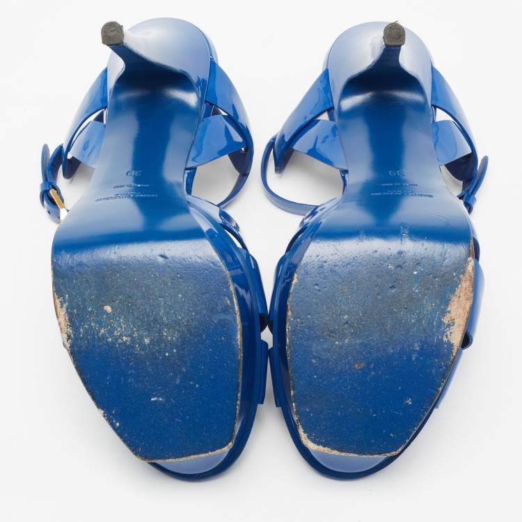 Pre Owned Saint Laurent Blue Patent Leather Tribute Sandals Size 39