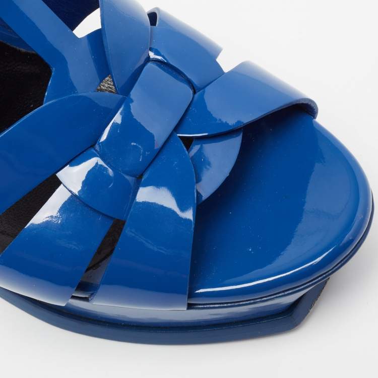 Pre Owned Saint Laurent Blue Patent Leather Tribute Sandals Size 39