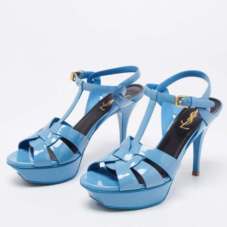 Pre Owned Saint Laurent Blue Patent Leather Tribute Platform Sandals Size 37