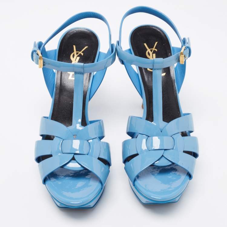 Pre Owned Saint Laurent Blue Patent Leather Tribute Platform Sandals Size 37