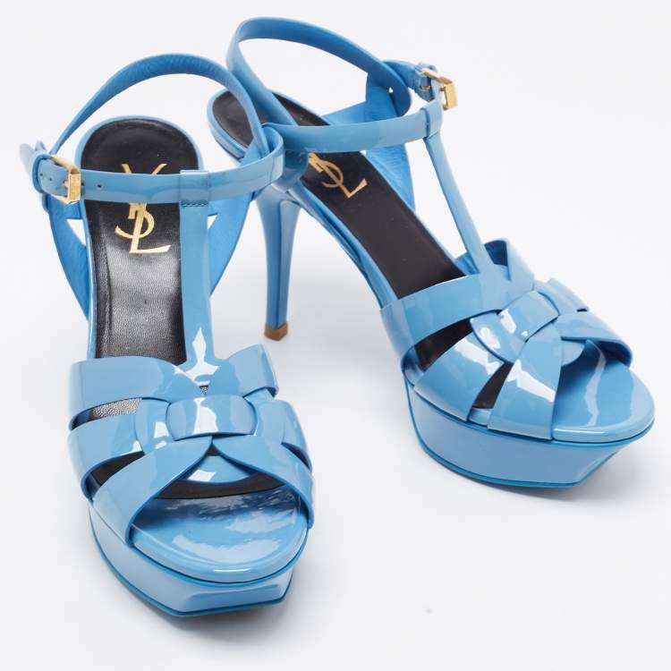 Pre Owned Saint Laurent Blue Patent Leather Tribute Platform Sandals Size 37