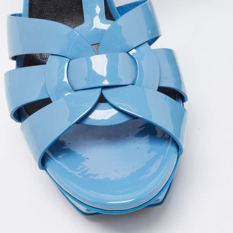 Pre Owned Saint Laurent Blue Patent Leather Tribute Platform Sandals Size 37