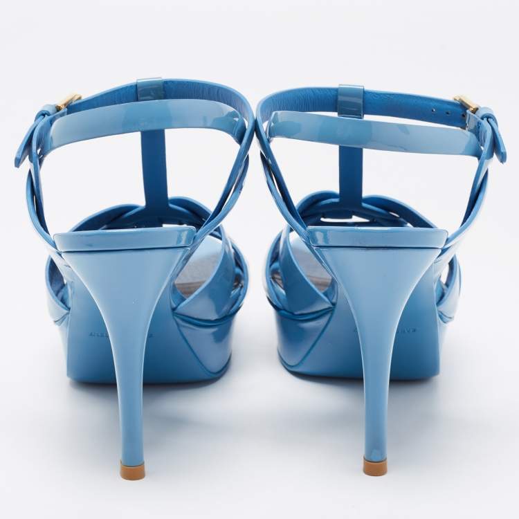 Pre Owned Saint Laurent Blue Patent Leather Tribute Platform Sandals Size 37