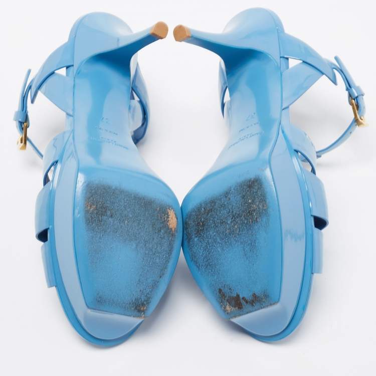 Pre Owned Saint Laurent Blue Patent Leather Tribute Platform Sandals Size 37