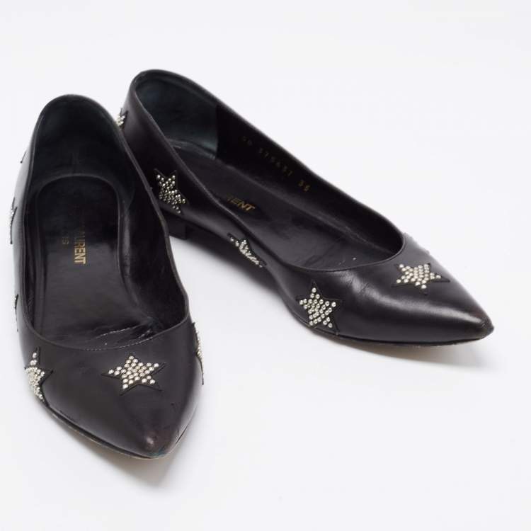 Pre Owned Saint Laurent Black Leather Star Studded Pointed Toe Ballet Flats Size 35