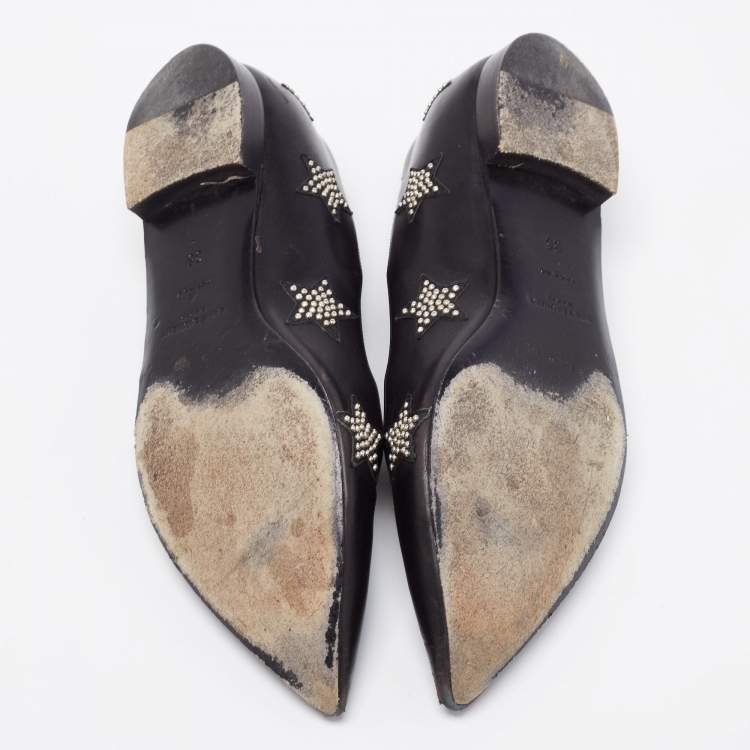Pre Owned Saint Laurent Black Leather Star Studded Pointed Toe Ballet Flats Size 35