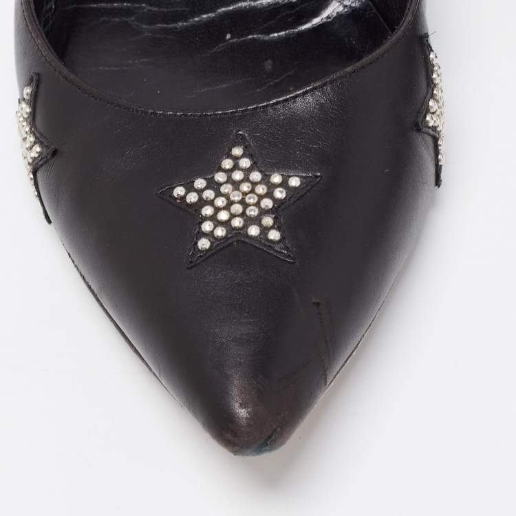 Pre Owned Saint Laurent Black Leather Star Studded Pointed Toe Ballet Flats Size 35
