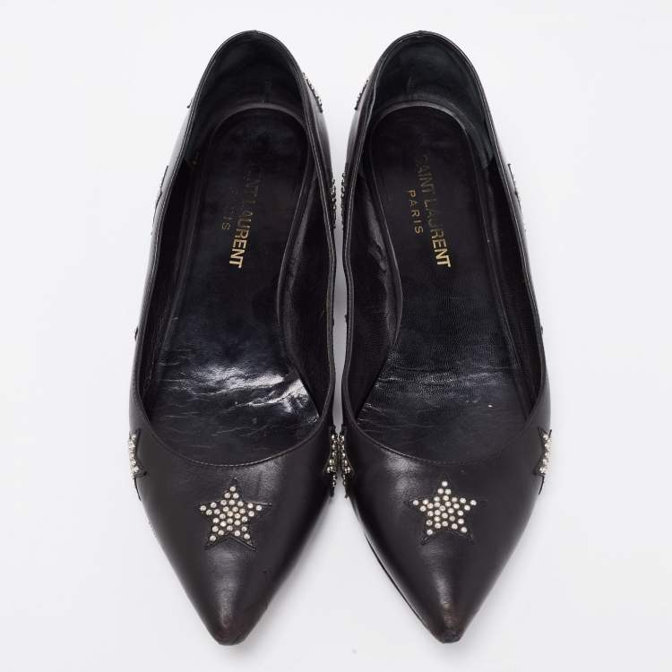 Pre Owned Saint Laurent Black Leather Star Studded Pointed Toe Ballet Flats Size 35