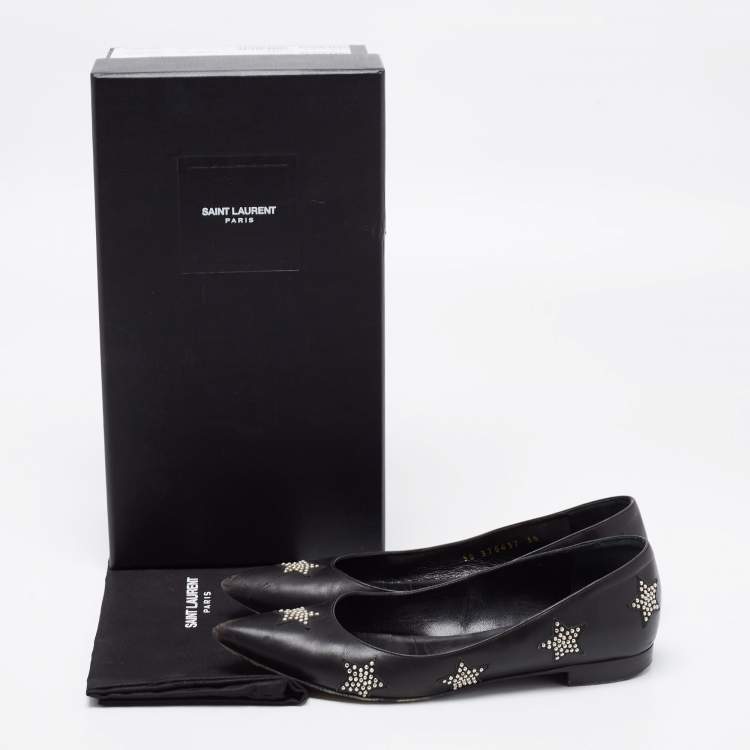 Pre Owned Saint Laurent Black Leather Star Studded Pointed Toe Ballet Flats Size 35