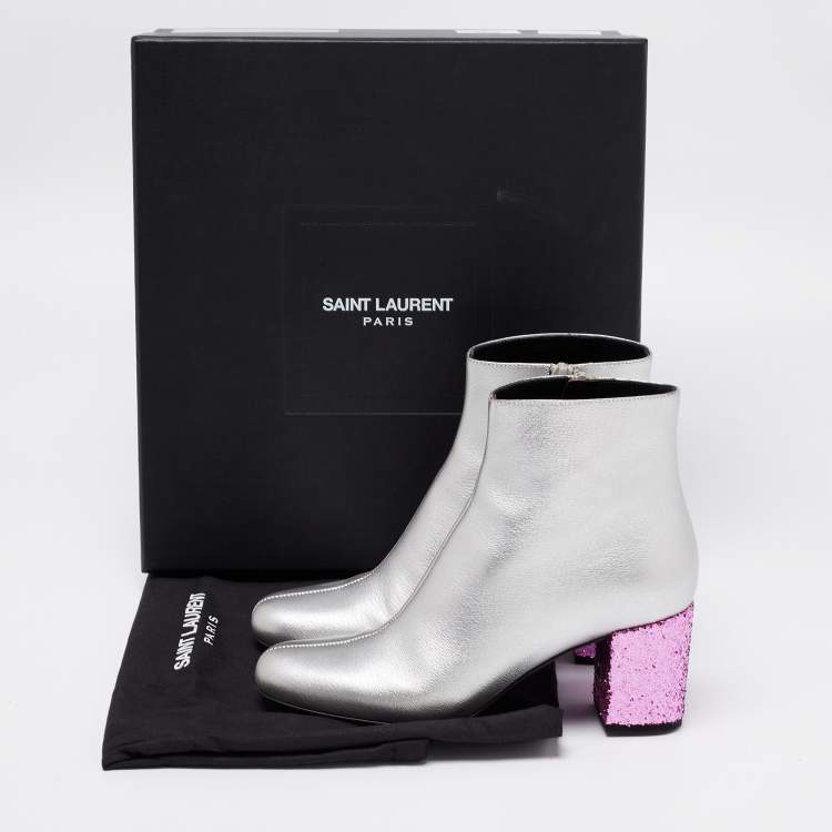 Pre Owned Saint Laurent Metallic Grey Leather Glitter Block Heel Ankle Boots Size 35
