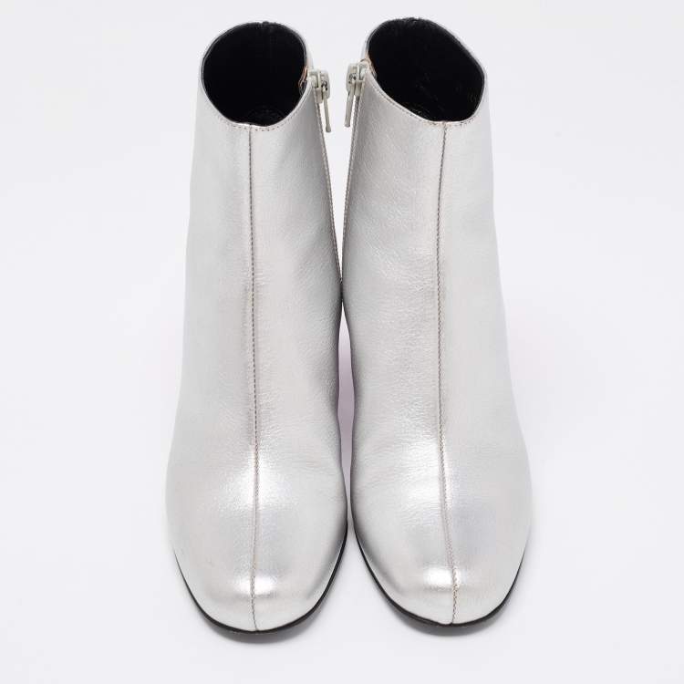 Pre Owned Saint Laurent Metallic Grey Leather Glitter Block Heel Ankle Boots Size 35