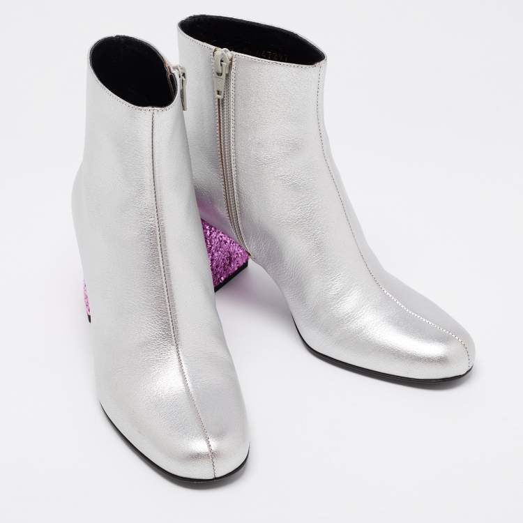 Pre Owned Saint Laurent Metallic Grey Leather Glitter Block Heel Ankle Boots Size 35