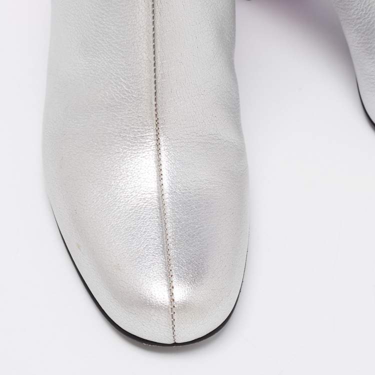 Pre Owned Saint Laurent Metallic Grey Leather Glitter Block Heel Ankle Boots Size 35