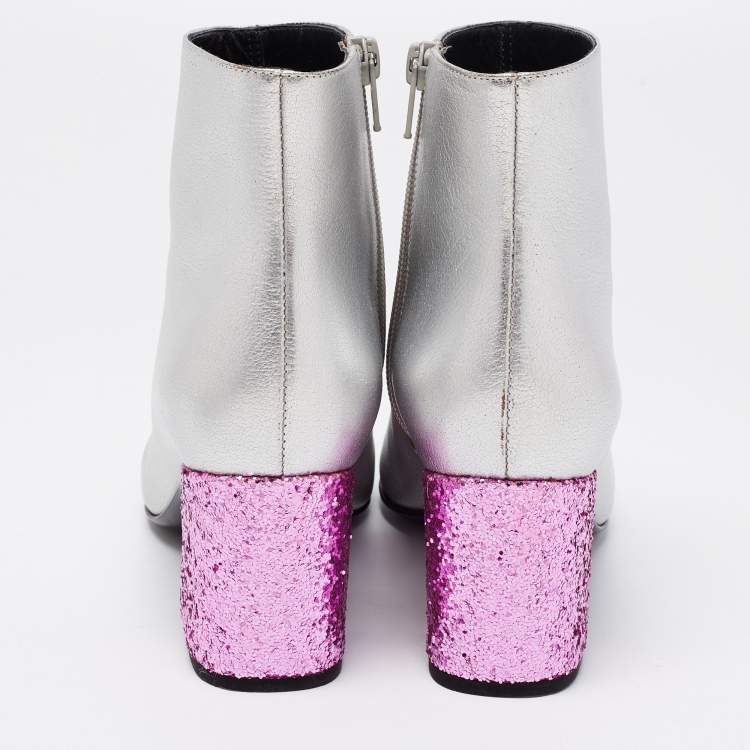 Pre Owned Saint Laurent Metallic Grey Leather Glitter Block Heel Ankle Boots Size 35