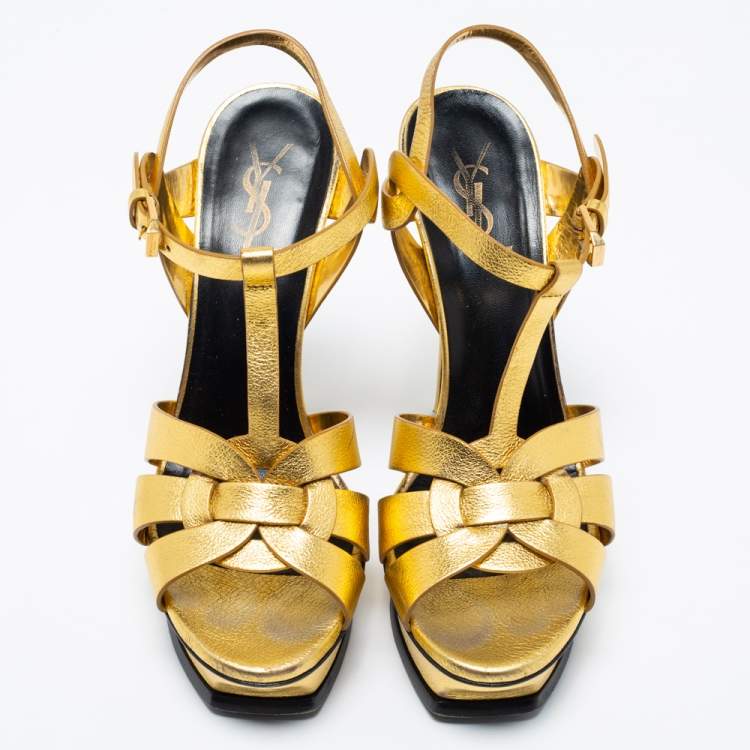 Pre Owned Saint Laurent Metallic Gold Leather Tribute Platform Sandals Size 39