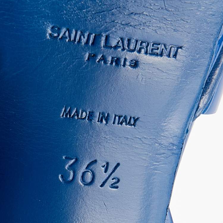 Pre Owned Saint Laurent Blue Patent Leather Tribute Platform Ankle Strap Sandals Size 36.5