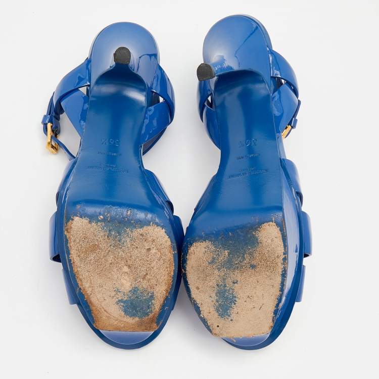 Pre Owned Saint Laurent Blue Patent Leather Tribute Platform Ankle Strap Sandals Size 36.5