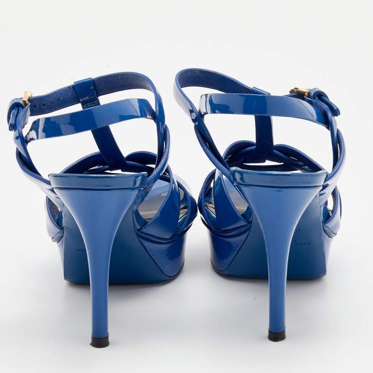 Pre Owned Saint Laurent Blue Patent Leather Tribute Platform Ankle Strap Sandals Size 36.5