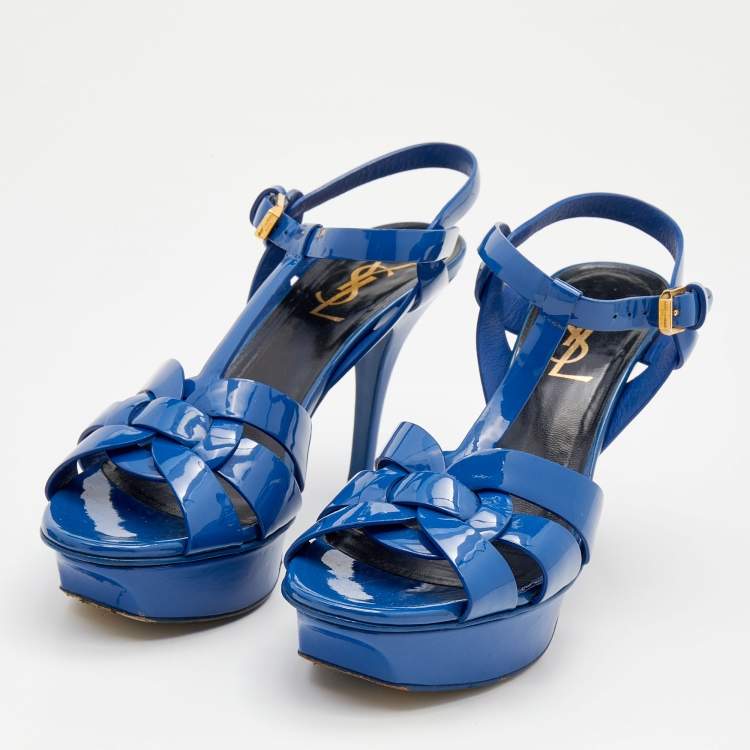 Pre Owned Saint Laurent Blue Patent Leather Tribute Platform Ankle Strap Sandals Size 36.5