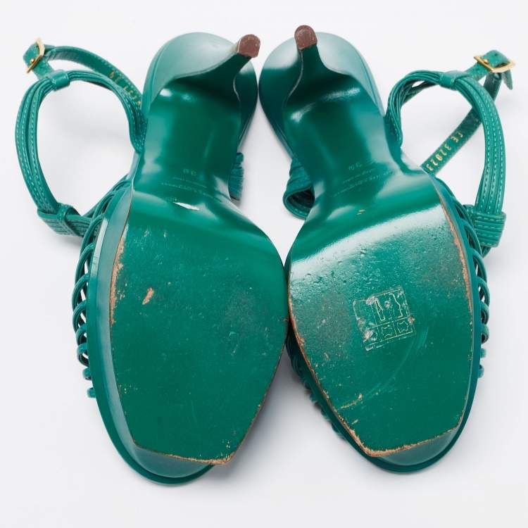 Pre Owned Saint Laurent Green Leather Strappy Platform Sandals Size 39