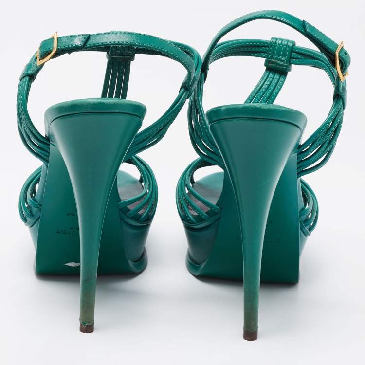 Pre Owned Saint Laurent Green Leather Strappy Platform Sandals Size 39