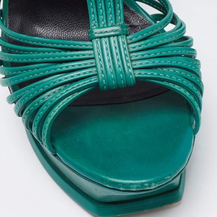 Pre Owned Saint Laurent Green Leather Strappy Platform Sandals Size 39