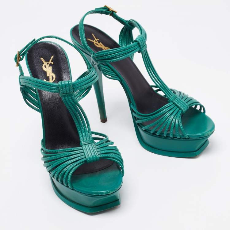 Pre Owned Saint Laurent Green Leather Strappy Platform Sandals Size 39