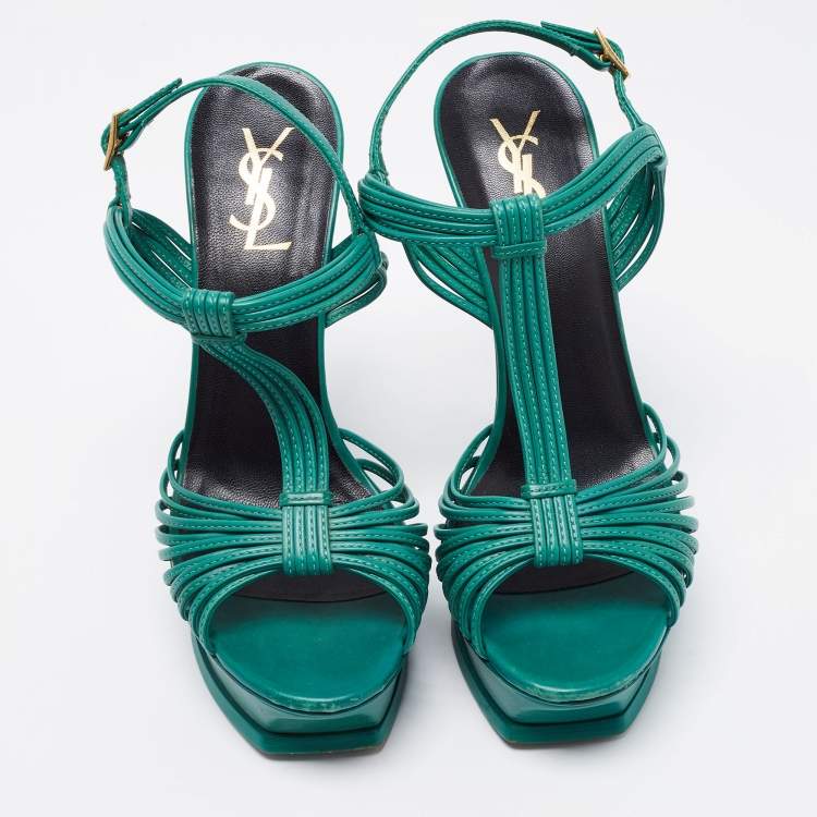 Pre Owned Saint Laurent Green Leather Strappy Platform Sandals Size 39