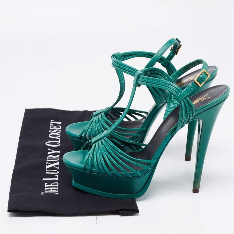 Pre Owned Saint Laurent Green Leather Strappy Platform Sandals Size 39