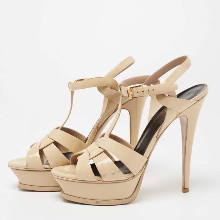 Pre Owned Saint Laurent Beige Patent Leather Tribute Sandals Size 39