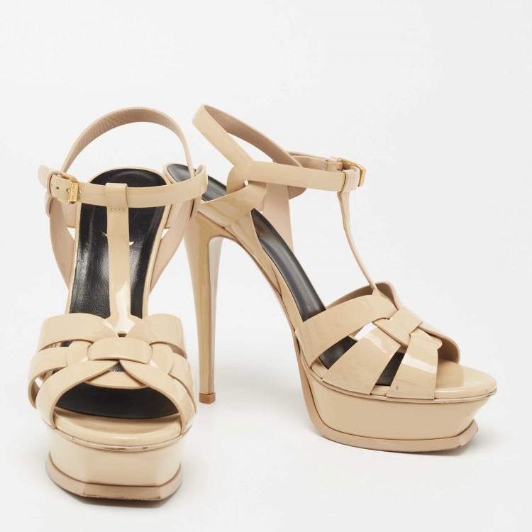 Pre Owned Saint Laurent Beige Patent Leather Tribute Sandals Size 39