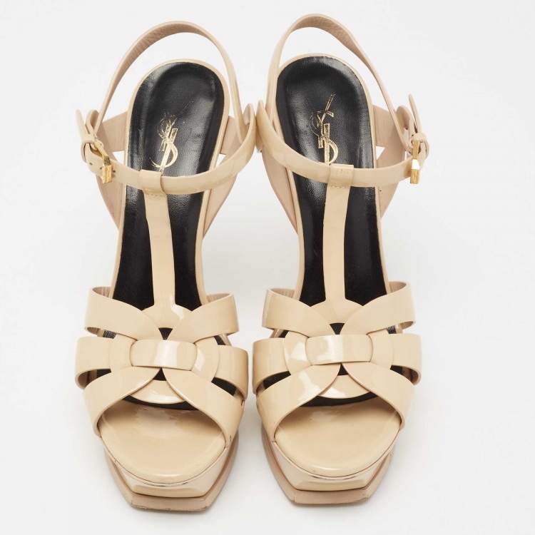 Pre Owned Saint Laurent Beige Patent Leather Tribute Sandals Size 39