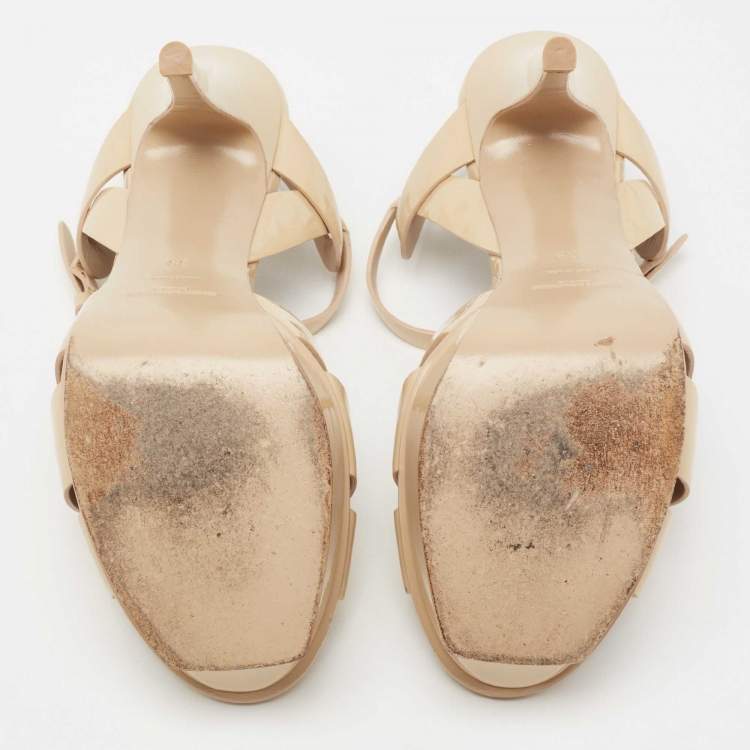 Pre Owned Saint Laurent Beige Patent Leather Tribute Sandals Size 39