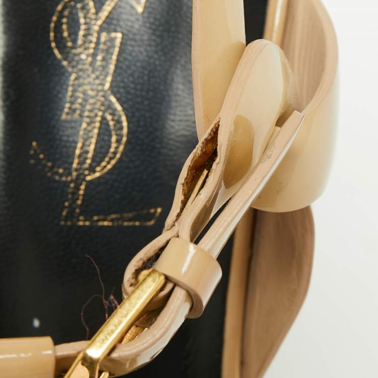 مملوكة مسبقًا Saint Laurent Beige Patent Leather Tribute Platform Sandals Size 39