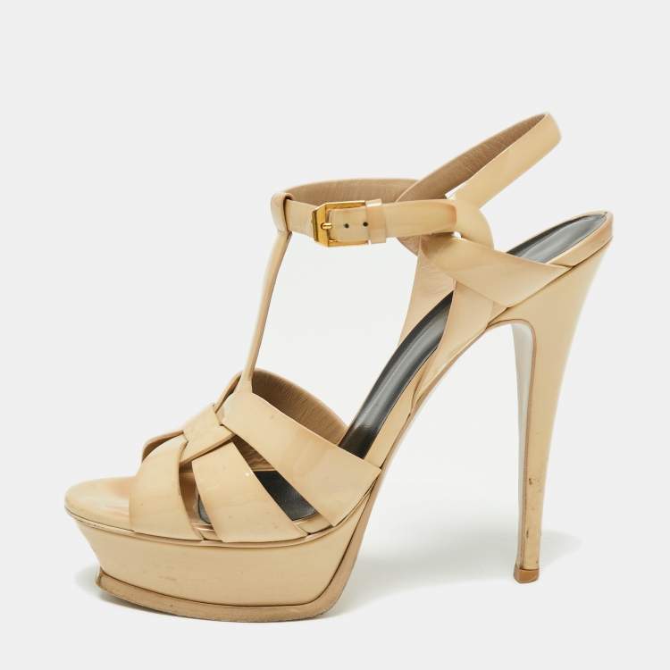مملوكة مسبقًا Saint Laurent Beige Patent Leather Tribute Platform Sandals Size 39