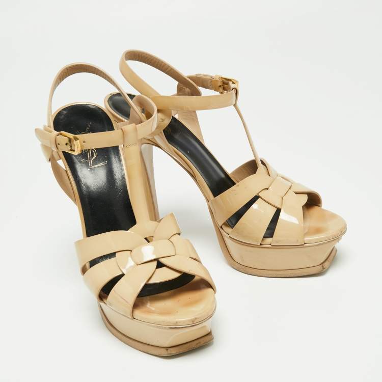 مملوكة مسبقًا Saint Laurent Beige Patent Leather Tribute Platform Sandals Size 39