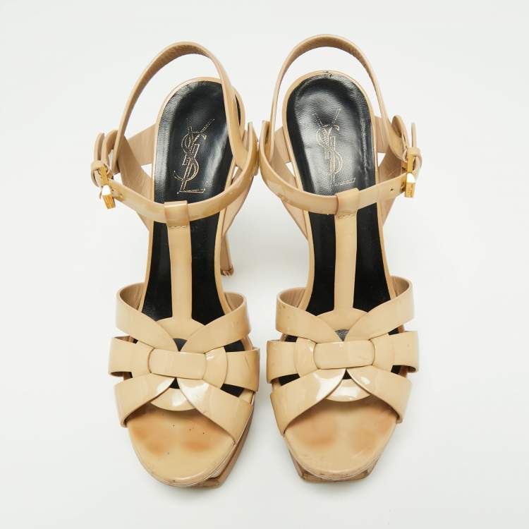 مملوكة مسبقًا Saint Laurent Beige Patent Leather Tribute Platform Sandals Size 39