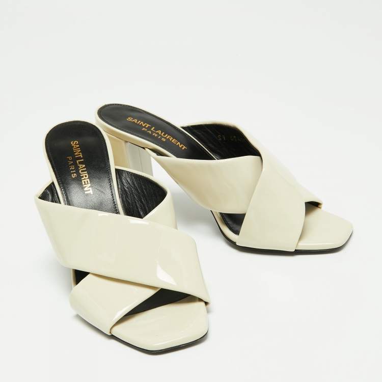 Pre Owned Saint Laurent Cream Patent Leather Loulou Sandals Size 37