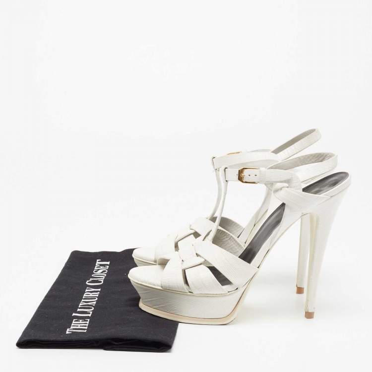 مملوكة مسبقًا Saint Laurent White Lizard Embossed Leather Tribute Sandals Size 39